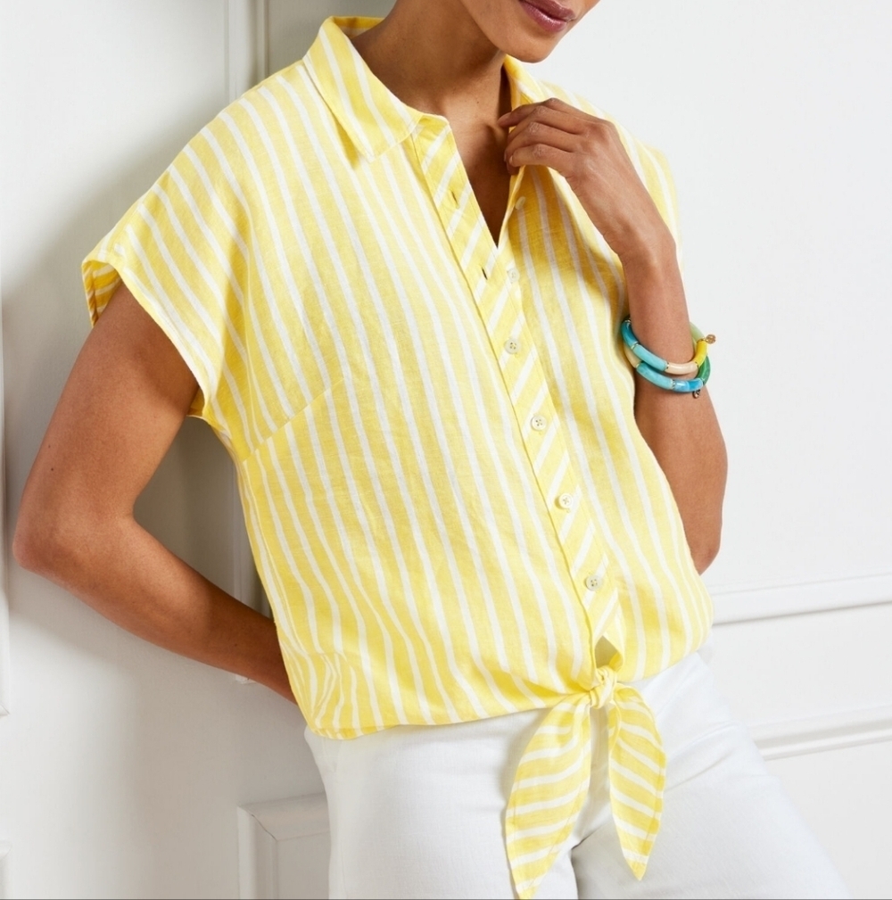 Talbots Linen Tie Hem Button Front- Seashore Stripe